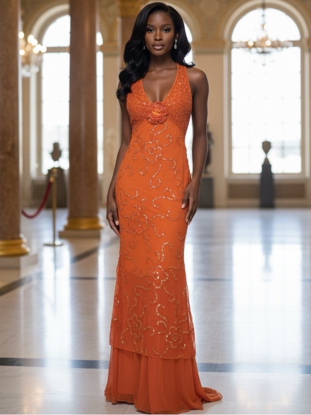Elegant Orange hand Beaded Halter Evening Dress gown Attitudes by Debra stretch